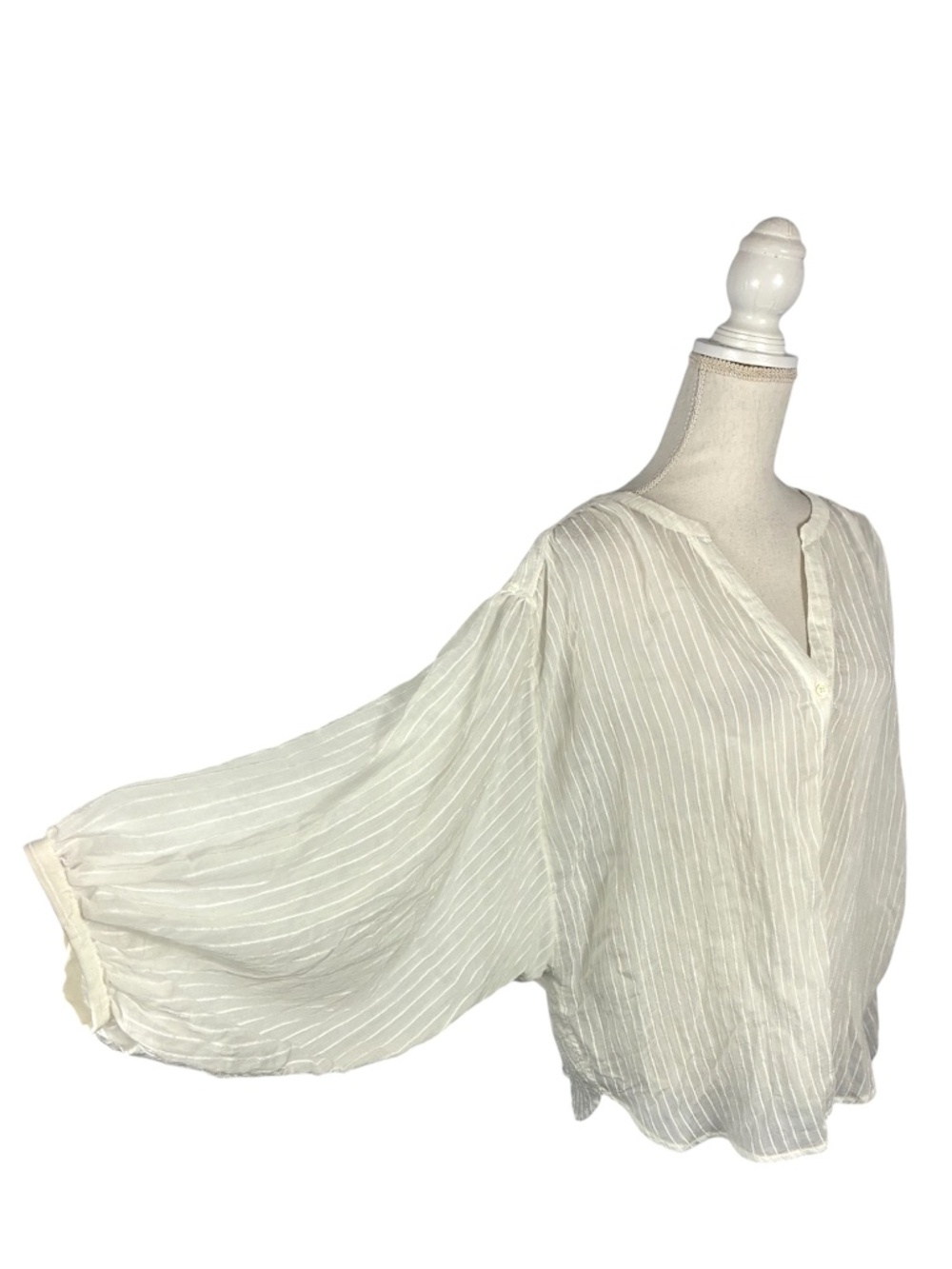 Gauze Pirate Blouse NEW L Striped Textured Sheer White V-neck Peasant Balloon